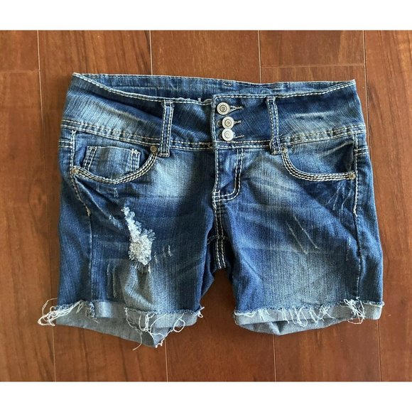 Rue 21 Blue Jean Denim Shorts Cuffed Distressed - Picture 1 of 5